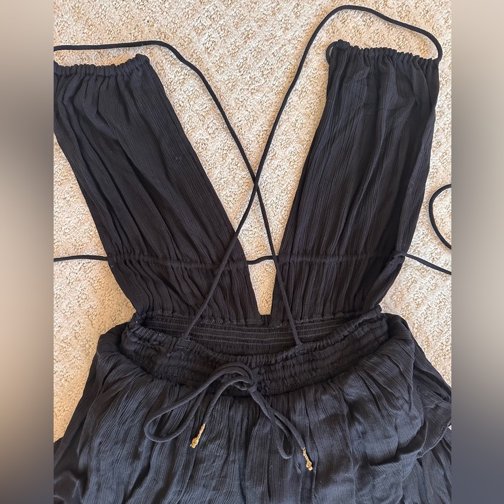 Free People Black Boho Maxi Dress Smocked Waist Short Sleeve Size S - Picture 6 of 8